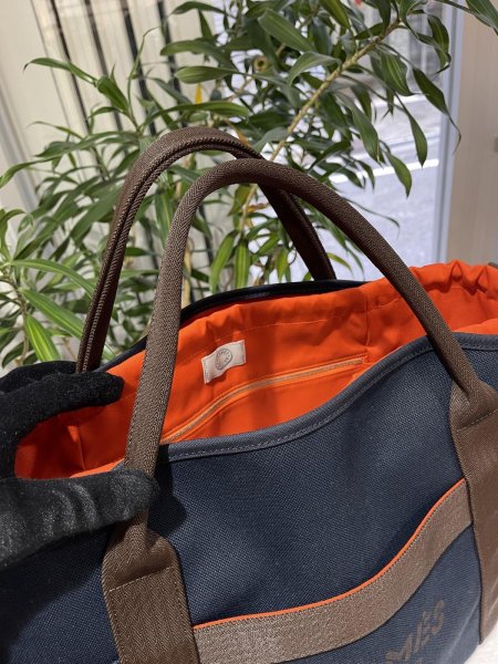 画像3: 【新品同様品】HERMES エルメス 2WAYバッグ サックドパンサージュ グルーム ネイビー×オレンジ トワルシェブロン×レザー シルバー金具 Y刻印 中古 トート ショルダー ハンドバッグ レディース 女性用 ブランド 本革 レザ　カーフ 希少 レア プレゼント ギフト バック (3)