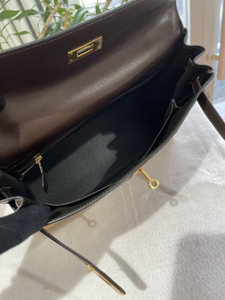 画像8: 【新品同様品】HERMES エルメスケリー 32 内縫い エバーカーフ×ヴォートロイカ エベーヌ×タバックキャメル ゴールド金具 K刻印□ ハラコ コンビ 中古 ハンドバッグ ショルダーバッグ 2WAYバッグ レディース 女性用 ブランド 本革 レザー ブラウン 希少 レア バック (8)