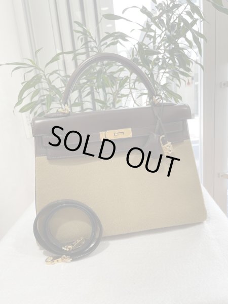 画像1: 【新品同様品】HERMES エルメスケリー 32 内縫い エバーカーフ×ヴォートロイカ エベーヌ×タバックキャメル ゴールド金具 K刻印□ ハラコ コンビ 中古 ハンドバッグ ショルダーバッグ 2WAYバッグ レディース 女性用 ブランド 本革 レザー ブラウン 希少 レア バック (1)