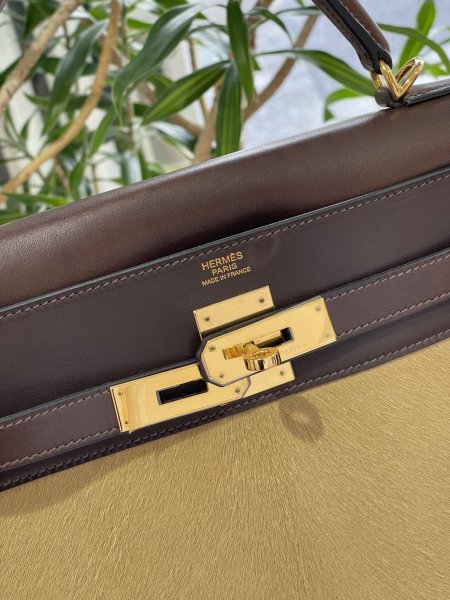 画像3: 【新品同様品】HERMES エルメスケリー 32 内縫い エバーカーフ×ヴォートロイカ エベーヌ×タバックキャメル ゴールド金具 K刻印□ ハラコ コンビ 中古 ハンドバッグ ショルダーバッグ 2WAYバッグ レディース 女性用 ブランド 本革 レザー ブラウン 希少 レア バック (3)