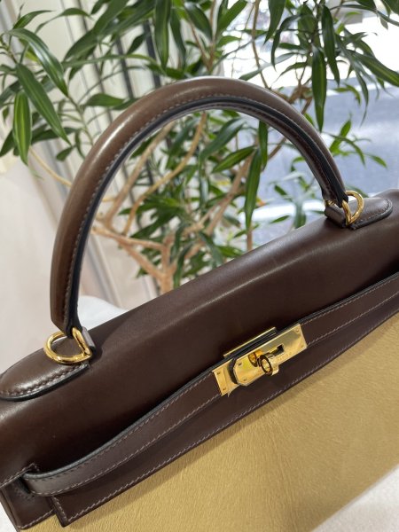 画像5: 【新品同様品】HERMES エルメスケリー 32 内縫い エバーカーフ×ヴォートロイカ エベーヌ×タバックキャメル ゴールド金具 K刻印□ ハラコ コンビ 中古 ハンドバッグ ショルダーバッグ 2WAYバッグ レディース 女性用 ブランド 本革 レザー ブラウン 希少 レア バック (5)