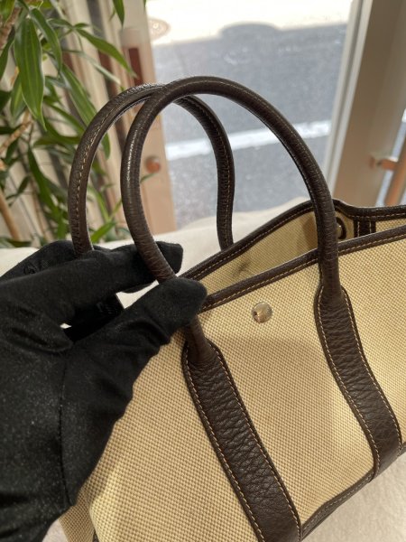画像5: 【美品】HERMES エルメス ガーデンパーティ 23 TTPM トワルアッシュ×ブッフル マロン シルバー金具 I刻印□ ブラウン 中古 ハンドバッグ クラッチバッグ セカンドバッグ ポーチ レディース 女性用 本革 レザー ブランド 茶色 希少 レア プレゼント ギフト バック (5)