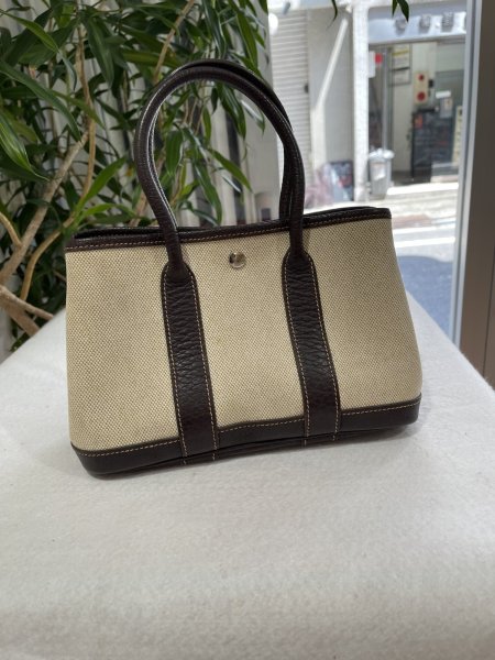画像1: 【美品】HERMES エルメス ガーデンパーティ 23 TTPM トワルアッシュ×ブッフル マロン シルバー金具 I刻印□ ブラウン 中古 ハンドバッグ クラッチバッグ セカンドバッグ ポーチ レディース 女性用 本革 レザー ブランド 茶色 希少 レア プレゼント ギフト バック (1)