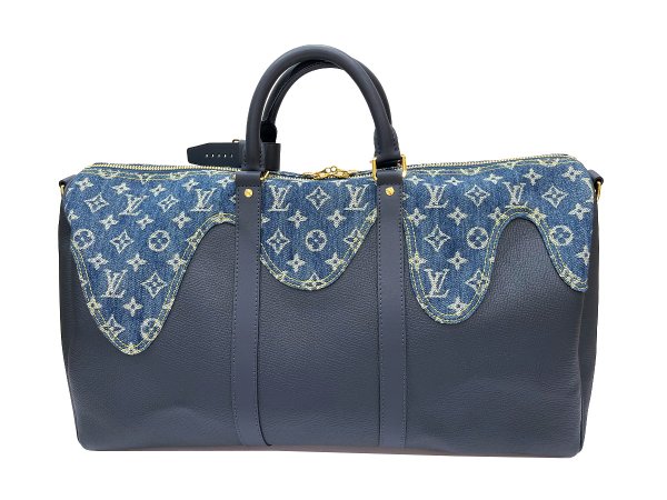 画像3: 【新品】【未使用品】LOUIS VUITTON ルイ・ヴィトン M45975 キーポル バンドリエール 50 スクエアード NIGOコラボ モノグラムデニム×トリヨンレザー ブルー×ネイビー ハンドバッグ ボストンバッグ 2WAY レディース メンズ ブランド ビトン レア プレゼント バック (3)