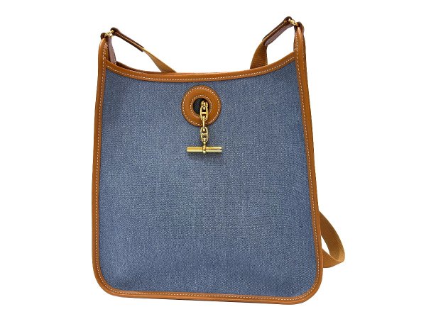 画像2: 【新品同様品】HERMES エルメス ヴェスパ PM トワルジーン×ヴォーガリバー ブルー×ゴールド ゴールド金具 B刻印□ ヴィンテージ コンビ 中古 ショルダーバッグ ボディバッグ メッセンジャーバッグ レディース 女性用 ブランド 本革 レザー カーフ ブラウン バック (2)