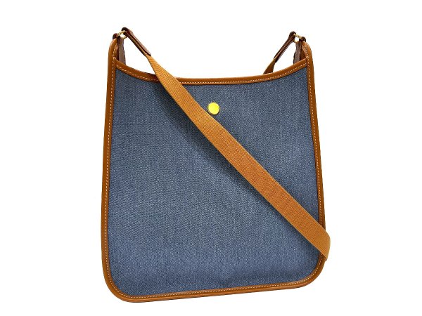 画像3: 【新品同様品】HERMES エルメス ヴェスパ PM トワルジーン×ヴォーガリバー ブルー×ゴールド ゴールド金具 B刻印□ ヴィンテージ コンビ 中古 ショルダーバッグ ボディバッグ メッセンジャーバッグ レディース 女性用 ブランド 本革 レザー カーフ ブラウン バック (3)