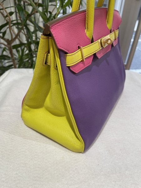 画像8: 【極美品】HERMES エルメス バーキン 30 パーソナルオーダー シェブルミゾル トリコロール マットゴールド金具 Q刻印□ シェーブル 中古 ハンドバッグ トートバッグ レディース 女性用 ブランド イエロー×パープル×ピンク 本革 レザー レア プレゼント ギフト バック (8)