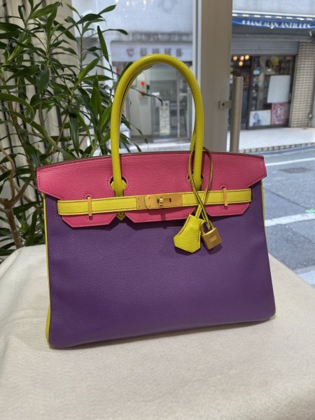 画像2: 【極美品】HERMES エルメス バーキン 30 パーソナルオーダー シェブルミゾル トリコロール マットゴールド金具 Q刻印□ シェーブル 中古 ハンドバッグ トートバッグ レディース 女性用 ブランド イエロー×パープル×ピンク 本革 レザー レア プレゼント ギフト バック (2)