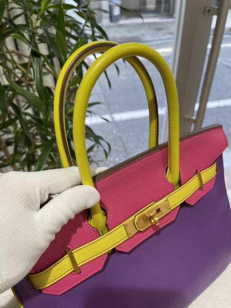 画像6: 【極美品】HERMES エルメス バーキン 30 パーソナルオーダー シェブルミゾル トリコロール マットゴールド金具 Q刻印□ シェーブル 中古 ハンドバッグ トートバッグ レディース 女性用 ブランド イエロー×パープル×ピンク 本革 レザー レア プレゼント ギフト バック (6)