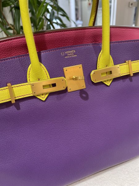 画像5: 【極美品】HERMES エルメス バーキン 30 パーソナルオーダー シェブルミゾル トリコロール マットゴールド金具 Q刻印□ シェーブル 中古 ハンドバッグ トートバッグ レディース 女性用 ブランド イエロー×パープル×ピンク 本革 レザー レア プレゼント ギフト バック (5)