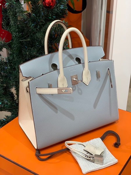 画像1: 【新品】【未使用品】HERMES エルメス バーキン 25 セリエ パーソナルオーダー ヴォーエプソン ブルーグラシエ×クレ マットシルバー金具 W刻印 外縫い ハンドバッグ レディース 女性用 本革 レザー カーフ ブランド ホワイト 希少 レア プレゼント ギフト バック (1)