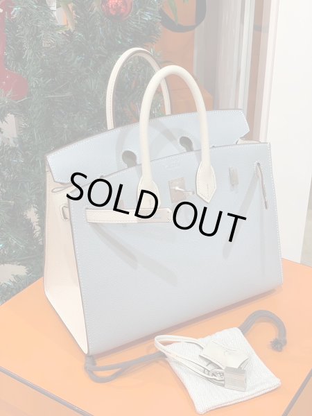画像1: 【新品】【未使用品】HERMES エルメス バーキン 25 セリエ パーソナルオーダー ヴォーエプソン ブルーグラシエ×クレ マットシルバー金具 W刻印 外縫い ハンドバッグ レディース 女性用 本革 レザー カーフ ブランド ホワイト 希少 レア プレゼント ギフト バック (1)