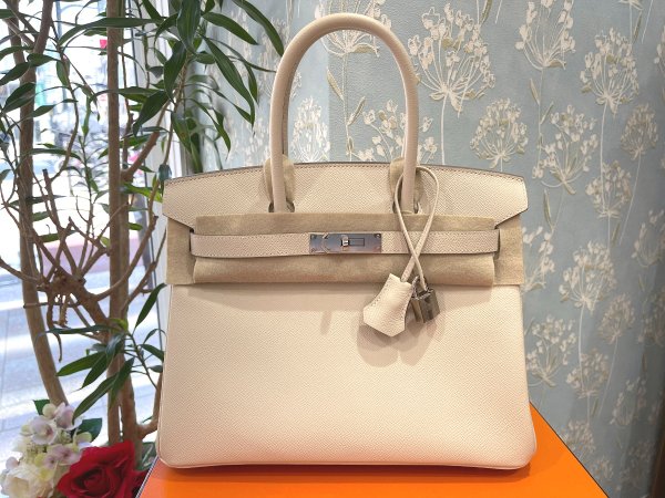 画像1: 【新品同様品】HERMES エルメス バーキン 30 ヴォーエプソン クレ シルバー金具 U刻印 ベージュ 中古 ハンドバッグ トートバッグ レディース 女性用 ブランド オフホワイト アイボリー 本革 レザー カーフ 希少 レア プレゼント ギフト バック (1)
