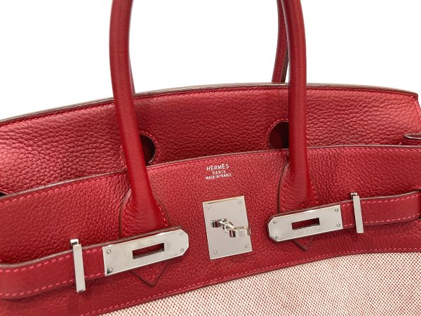 画像3: 【極美品】HERMES エルメス バーキン 30 トリヨンクレマンス×トワルアッシュ ルージュヴィフ シルバー金具 H刻□ レッド 中古 ハンドバッグ トートバッグ レディース 女性用 ブランド 赤 本革 レザー カーフ トゴ 希少 レア プレゼント ギフト バック (3)