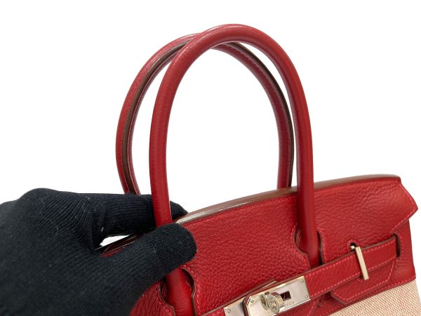 画像6: 【極美品】HERMES エルメス バーキン 30 トリヨンクレマンス×トワルアッシュ ルージュヴィフ シルバー金具 H刻□ レッド 中古 ハンドバッグ トートバッグ レディース 女性用 ブランド 赤 本革 レザー カーフ トゴ 希少 レア プレゼント ギフト バック (6)